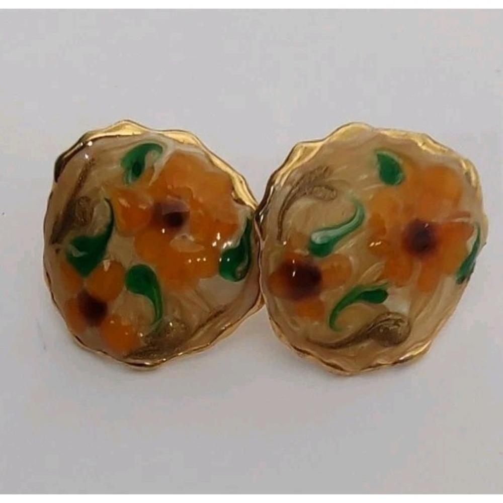 Resin Sunflower earrings Studs‎ With Post Pierced Ears Goldtone